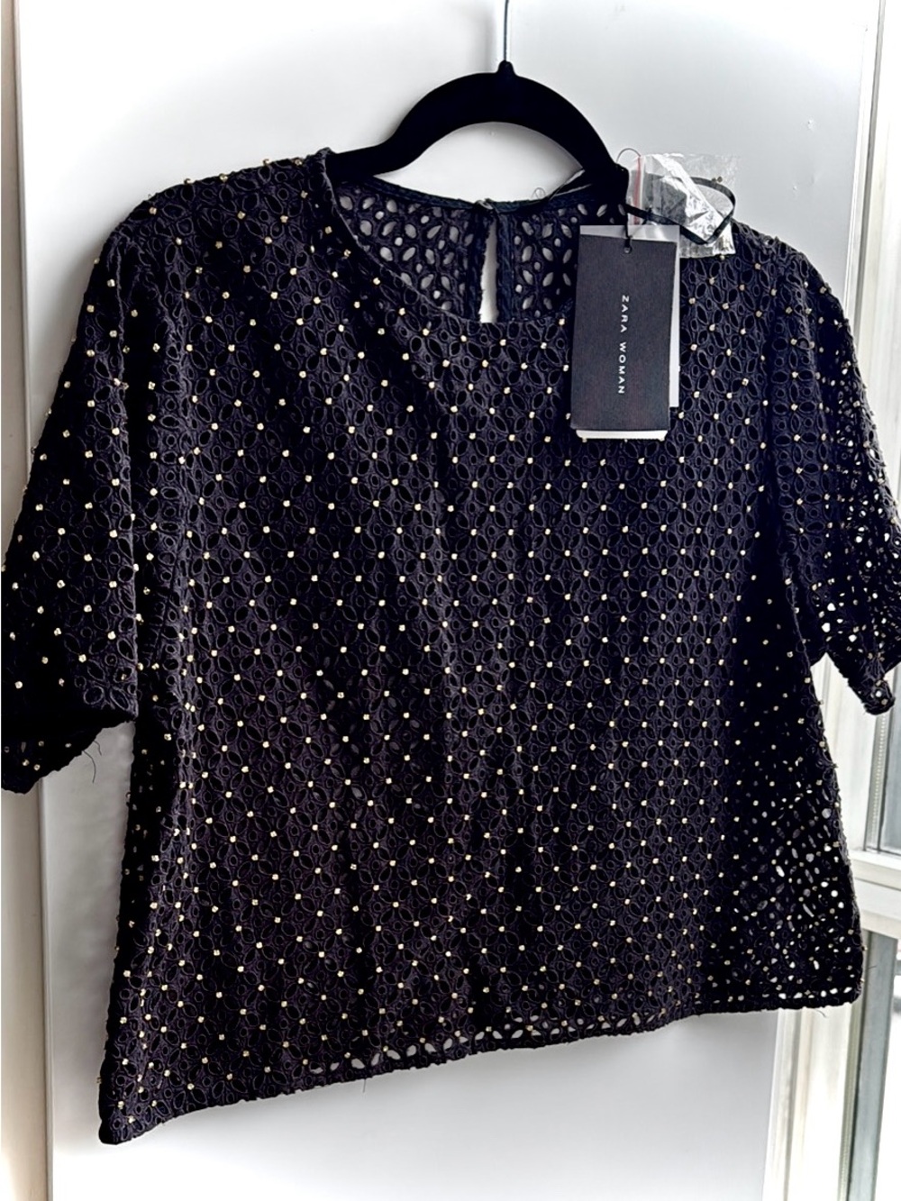 Zara Black Eyelet Short Sleeve Blouse with Gold Stud Detail